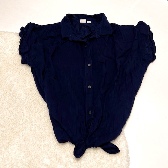 Old Navy Tie Knot Navy Linen Blend Button Down with Pleated Back Top - Picture 1 of 12